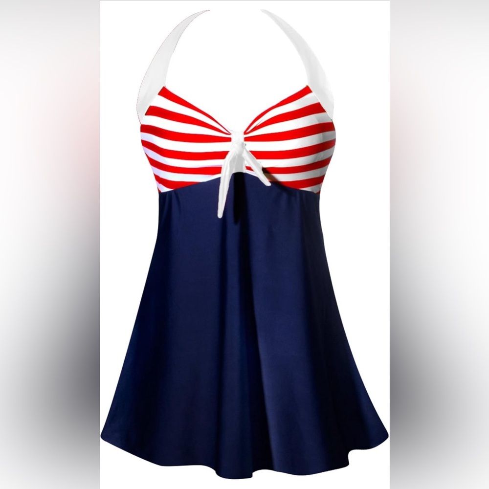 Carterstory Women's One Piece Pinup Navy Stipe A line Halter Swimsuit Shorts XL